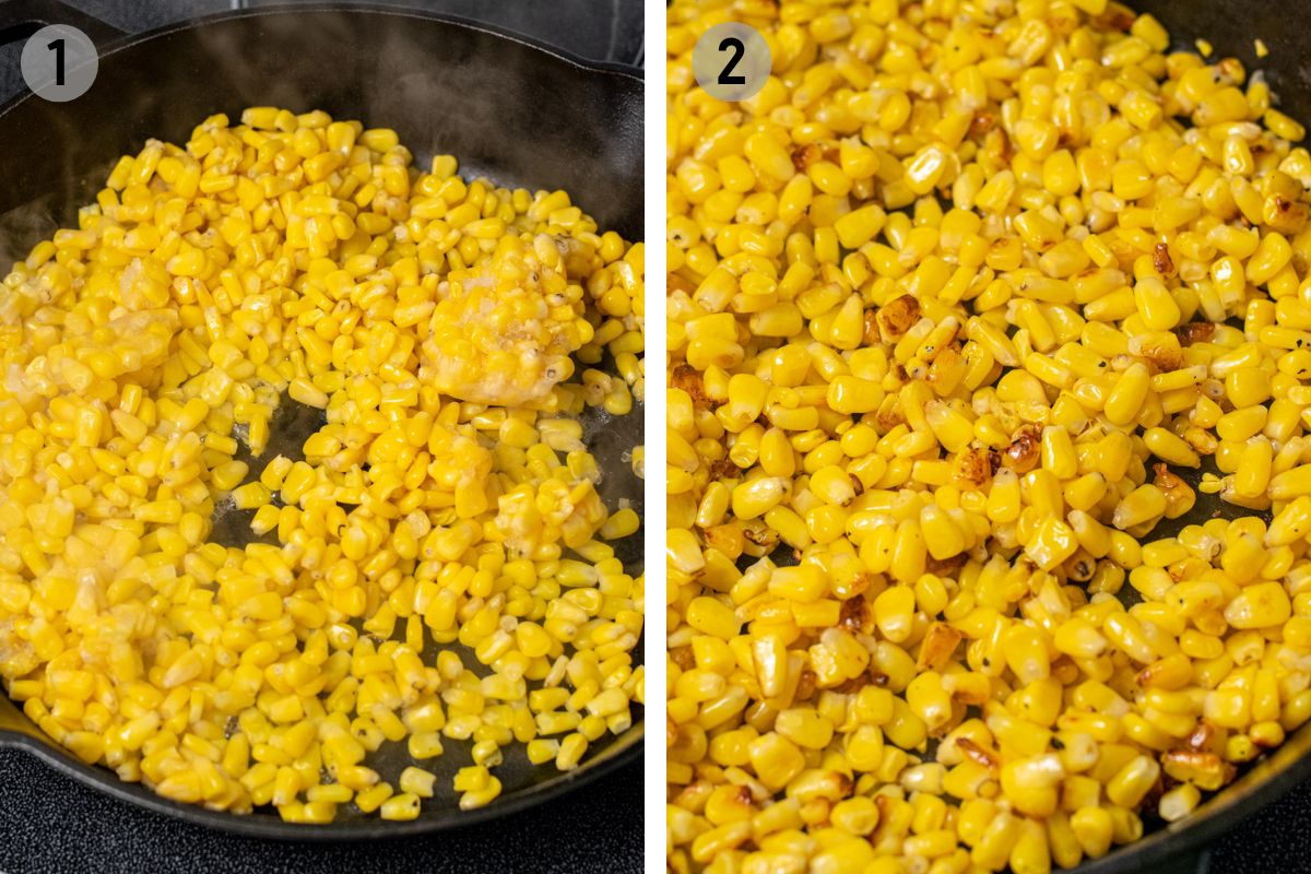 corn cooking in a cast iron skillet.