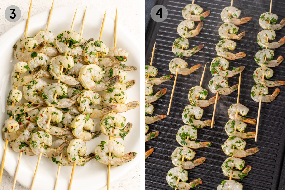 left: uncooked shrimp skewers on a plate, right: shrimp skewers on the grill.