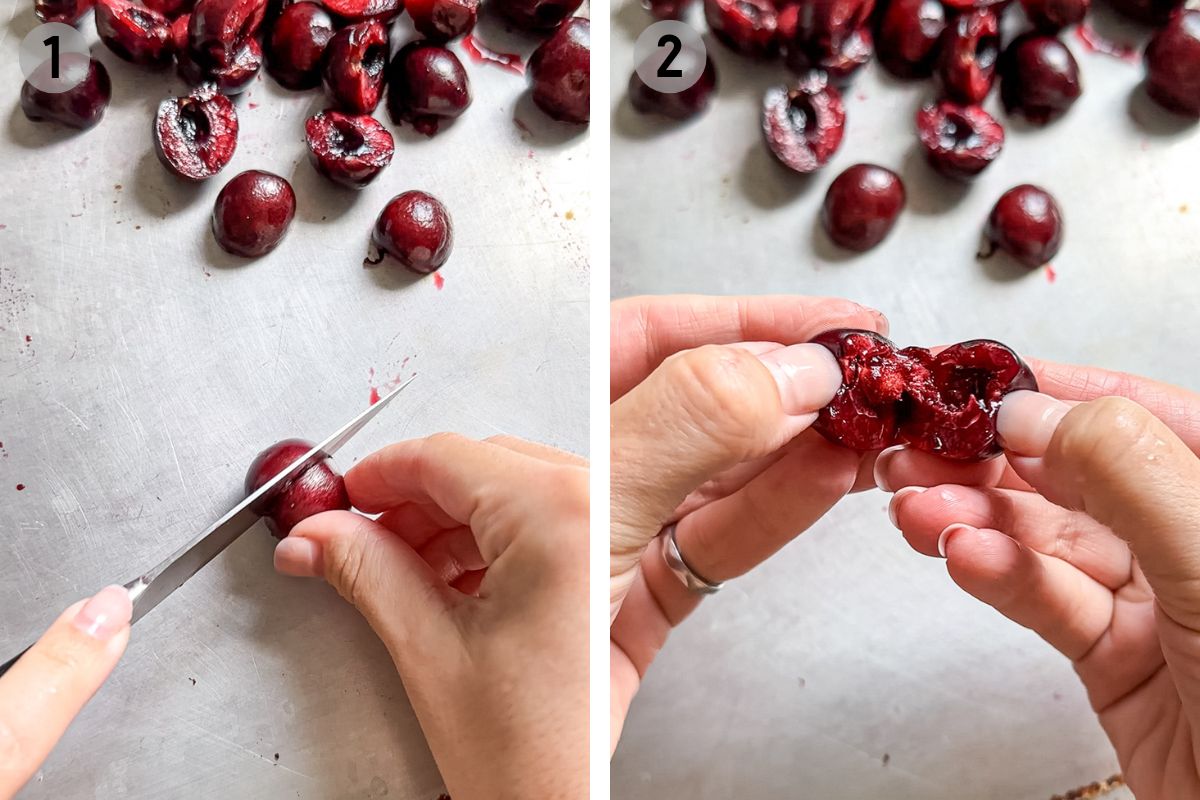left: knife slicing around a cherry pit, right: hands separating a cherry from the pit.
