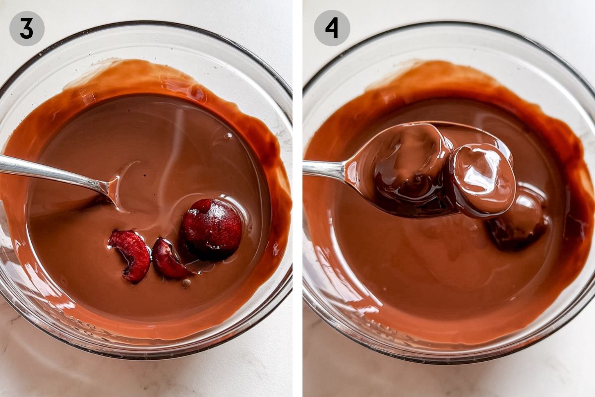 dipping cherries into a glass bowl of melted chocolate.