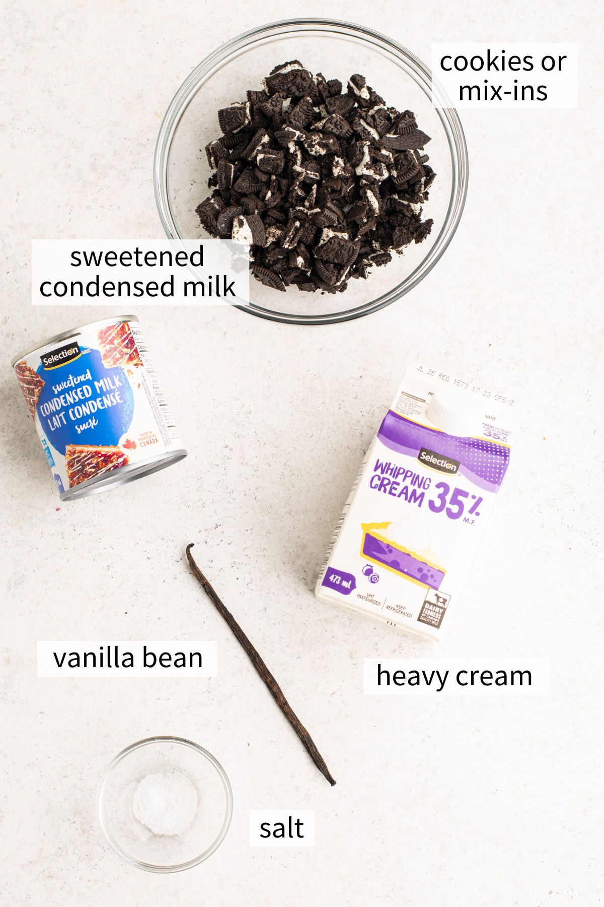 ingredients to make no churn blender ice cream.