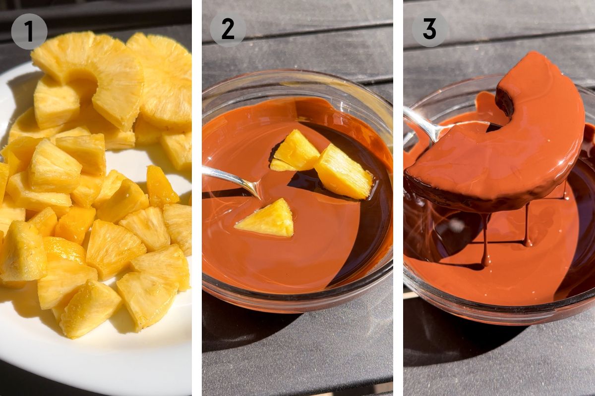 left: pineapple chunks, middle: pineapple in melted chocolate, right: chocolate covered pineapple slice with chocolate dripping off into a bowl.