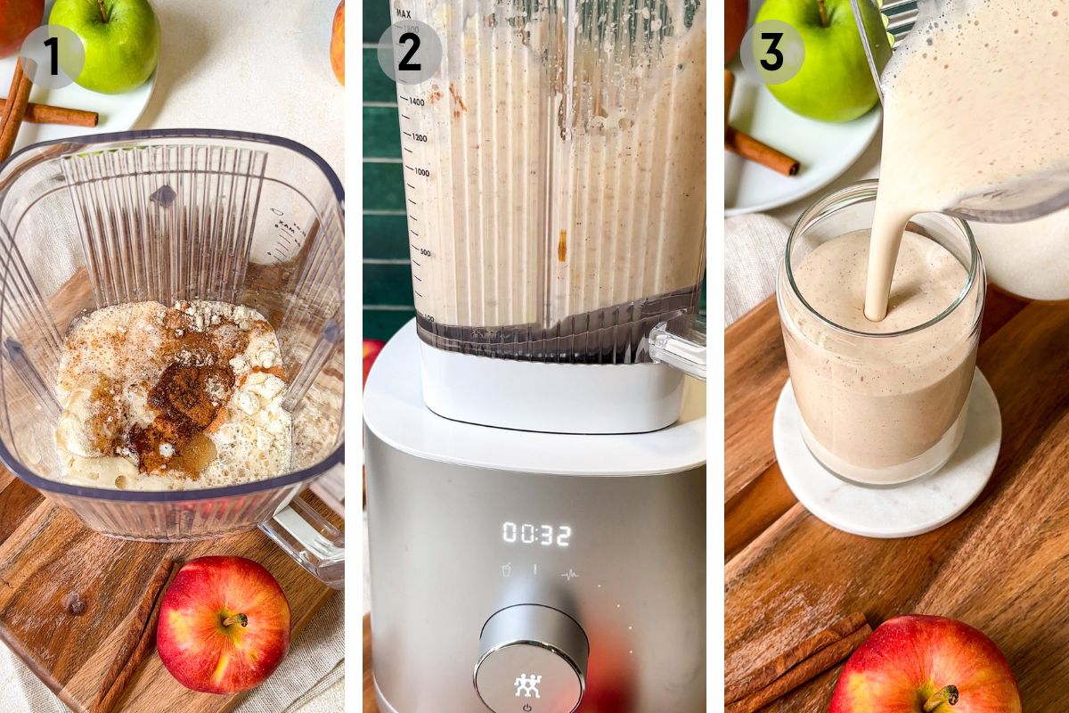 blending apple pie smoothie in a blender then pouring it into a glass.
