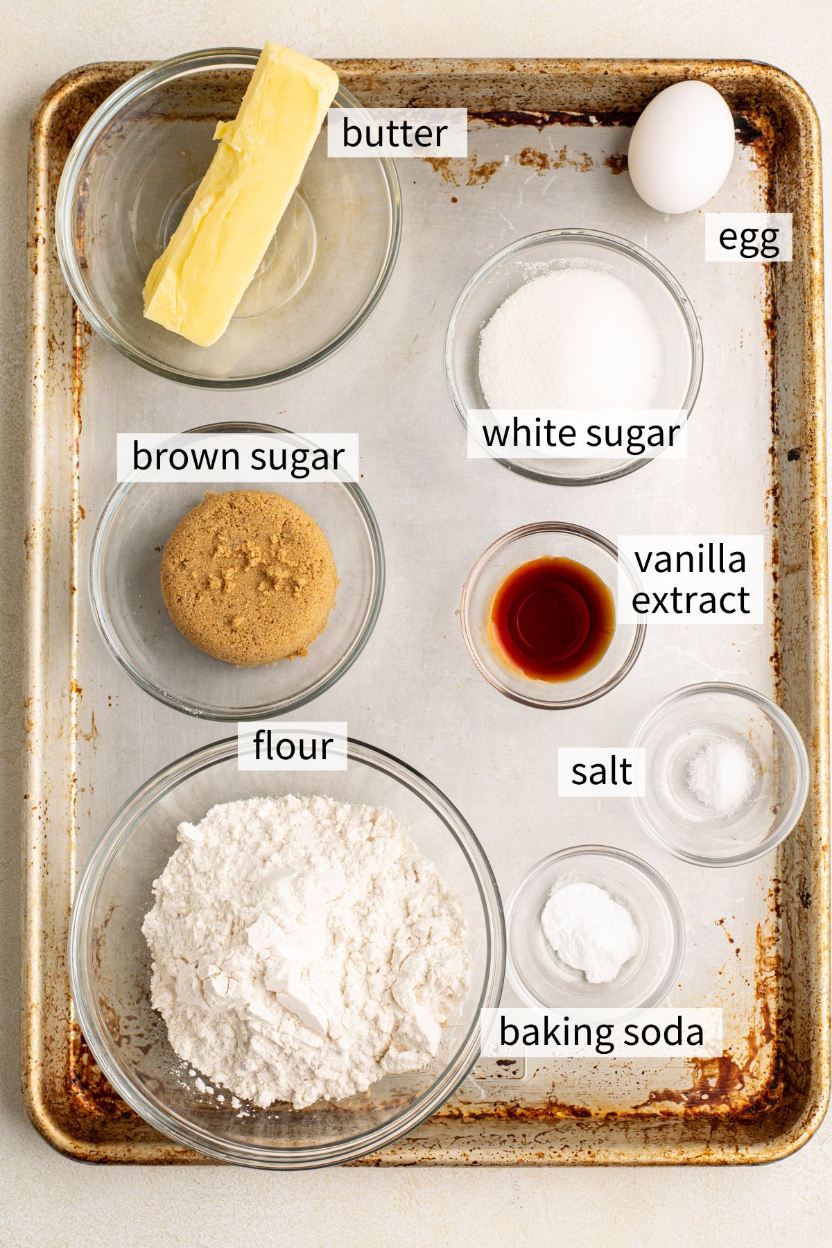 ingredients to make chocolate chipless cookies.