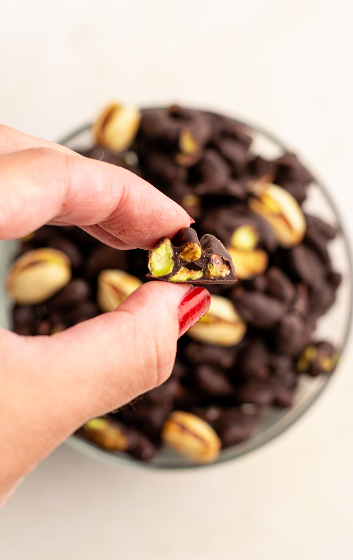 hand holding a cross section of a chocolate covered pistachio cluster.
