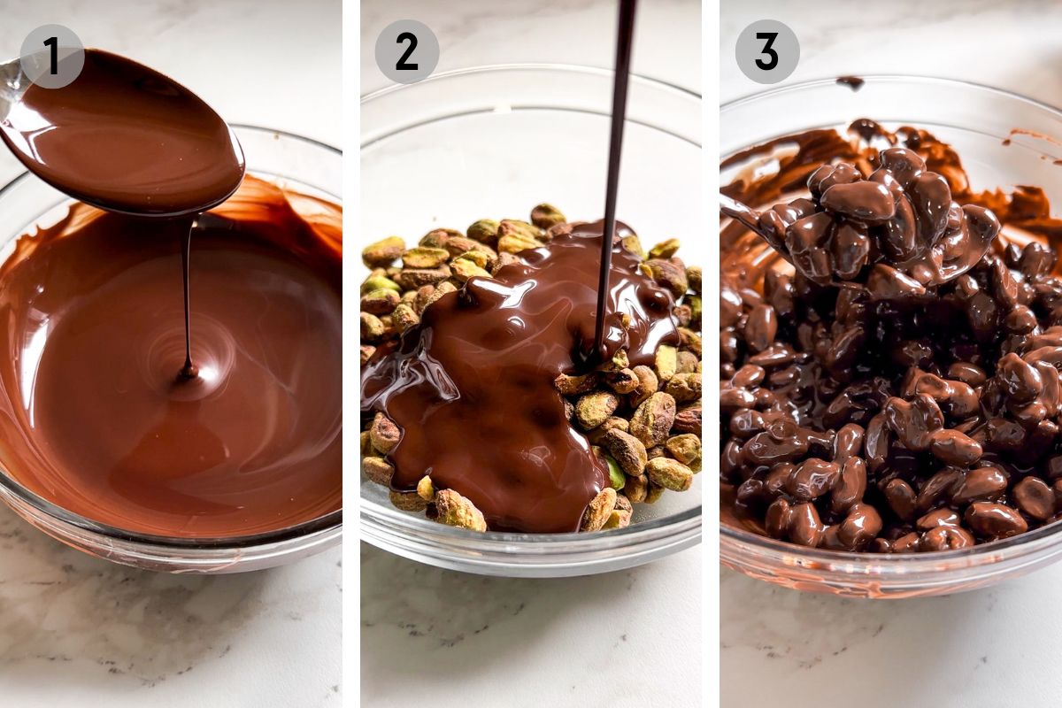 melting chocolate, pouring it over pistachios, then mixing.