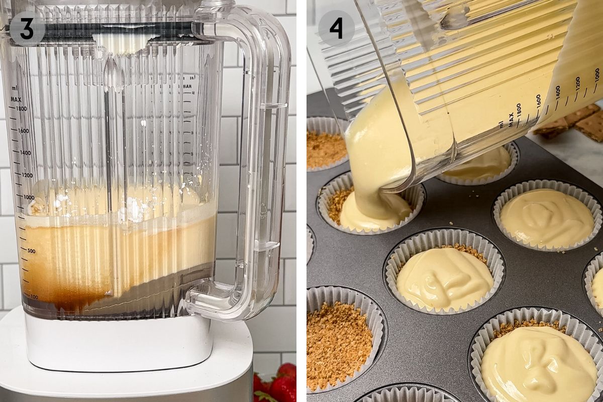 blending cheesecake filling then pouring it into mini muffin cups.