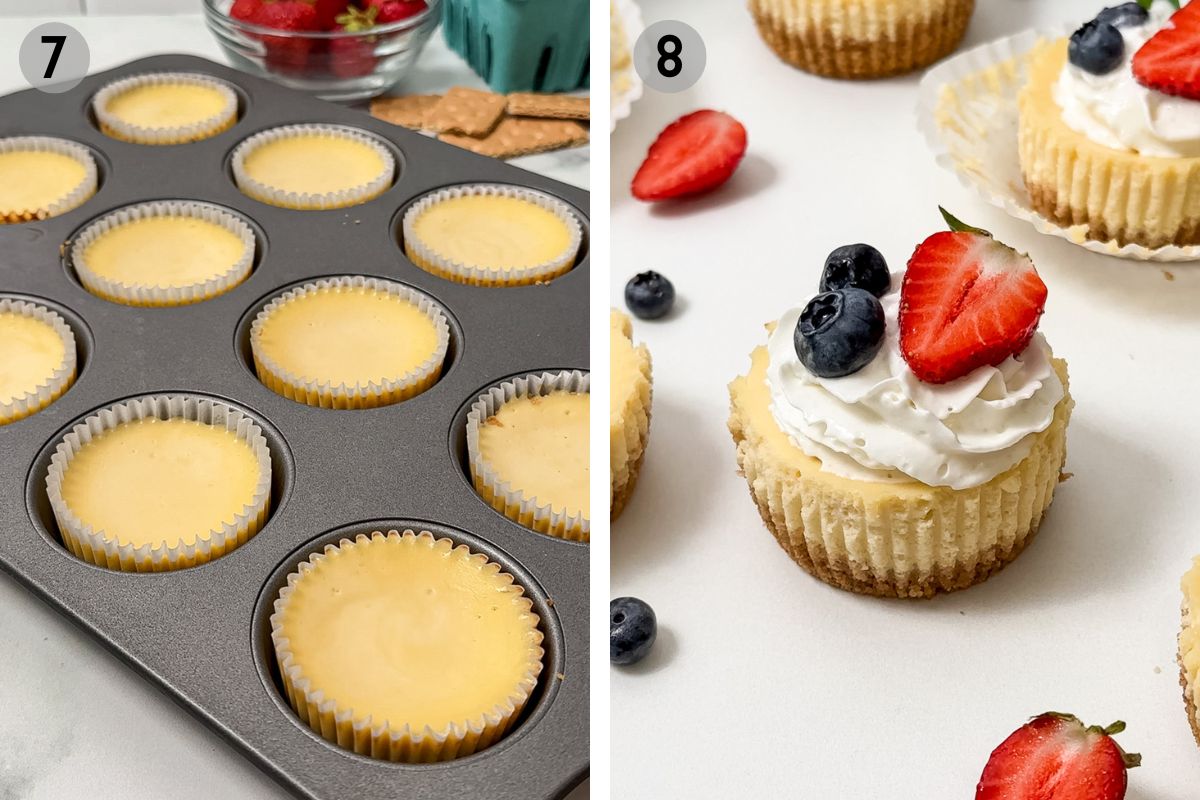left: mini cheesecakes after baking, right: mini cheesecake topped with whipped cream, 2 blueberries, and half a strawberry.