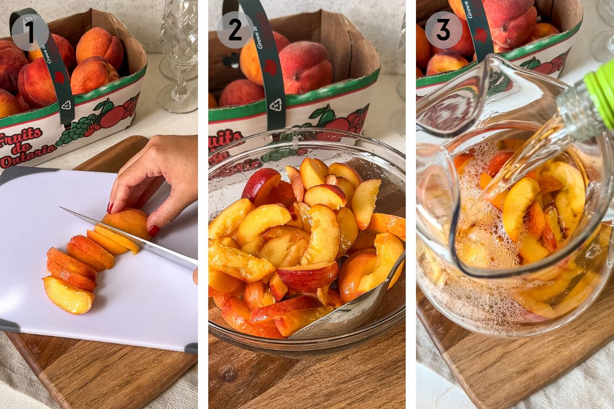 left: slicing peaches, middle: peaches in a glass bowl, right: wine pouring into a pitcher with peaches.