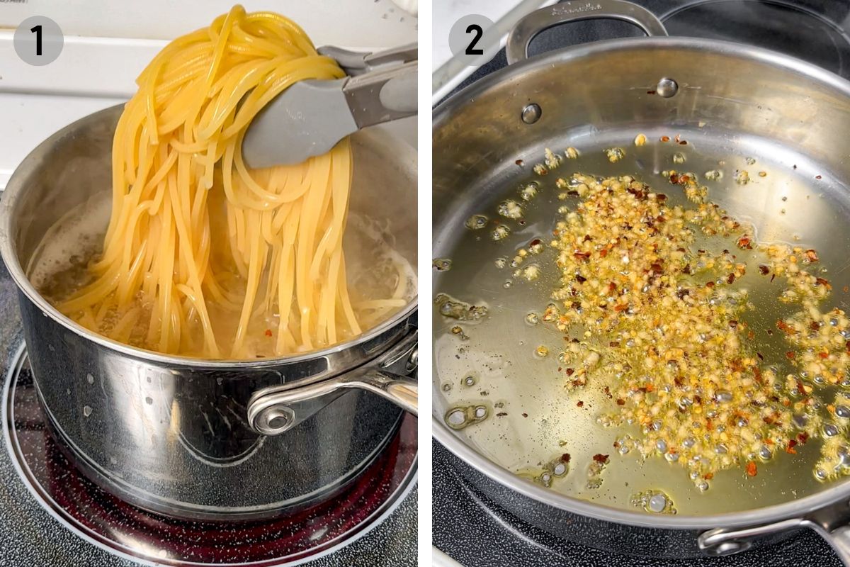 left: tongs grab spaghetti out of a pot of water, right: garlic and chili flakes sizzle in olive oil.