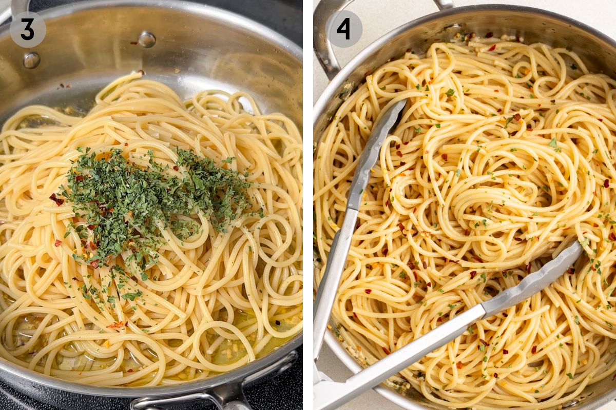 spaghetti aglio e olio in a metal pot before and after mixing in the parsley and chili flakes.