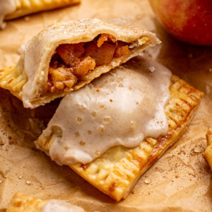apple pop tart cut in half so you can see the apple filling.