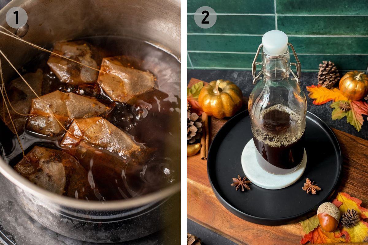 left: tea bags boiling in a pot, right: chai concentrate in a glass jar.