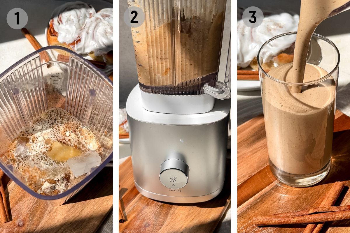 blending a cinnamon roll smoothie and pouring it into a glass.