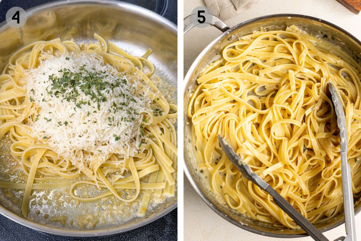authentic fettuccine alfredo before and after mixing in the parimigano.