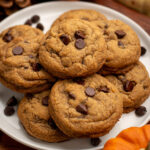 a stack of gluten free pumpkin chocolate chip cookies.