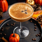 pumpkin spice espresso martini with pumpkins around and cinnamon on top.