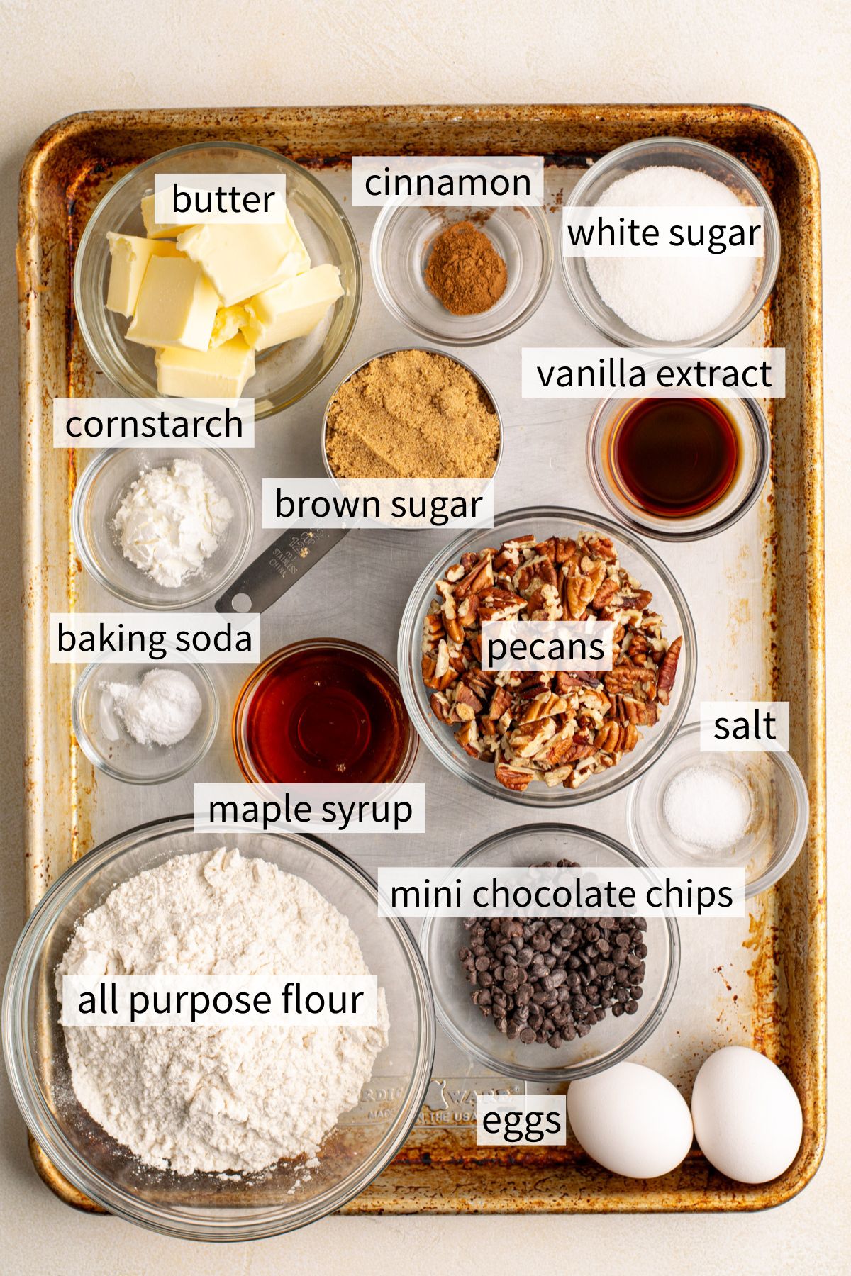ingredients to make brown butter pecan cookies.