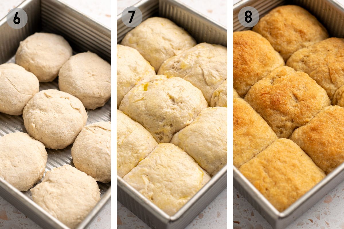 left: dinner rolls in a tray before proofing, middle: proofed dinner rolls, right: baked dinner rolls.