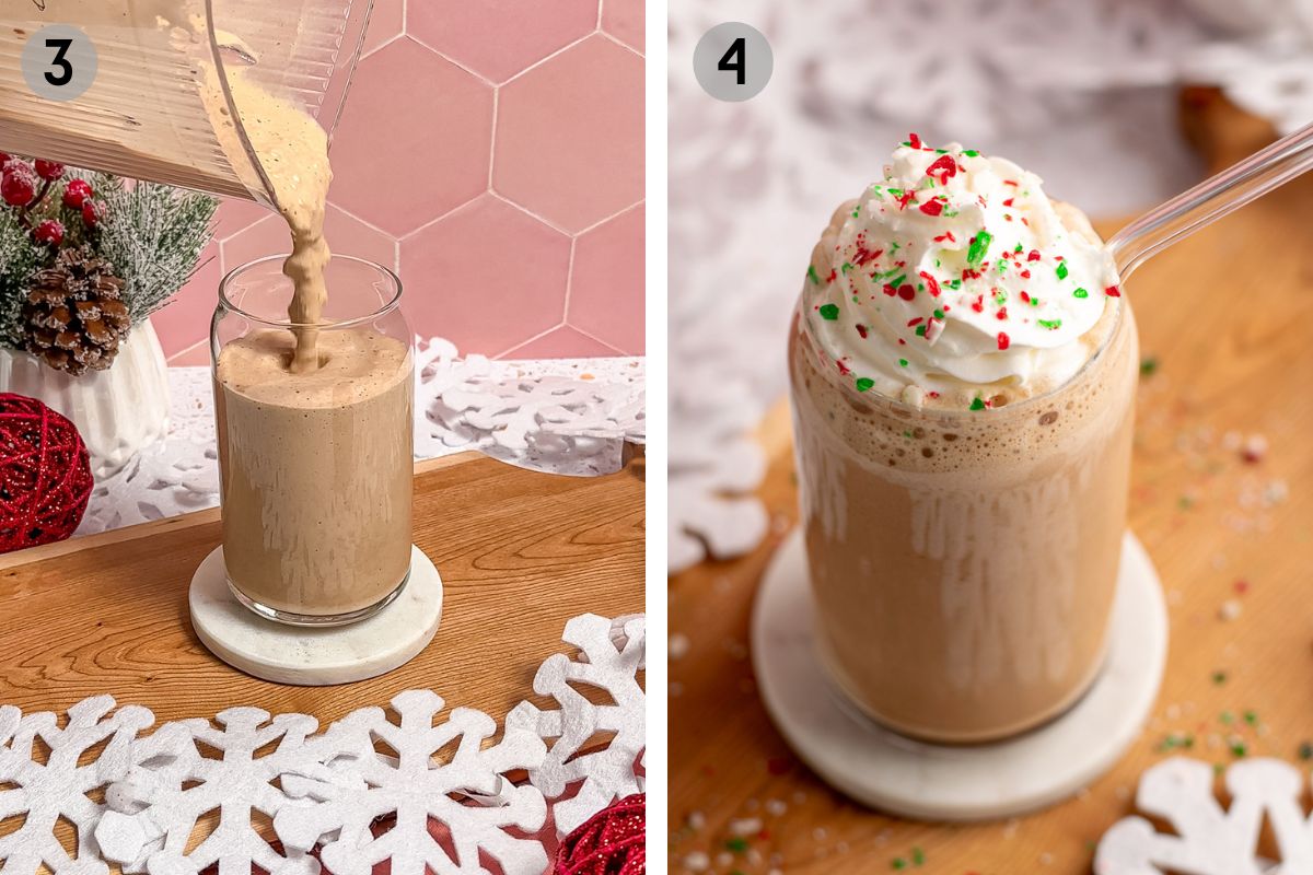 pouring a smoothie into a cup, then topping with whipped cream and candy canes.