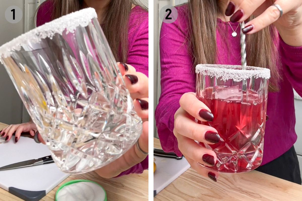 left: small glass with a sugar rim, right: stirring red liquid in the glass.