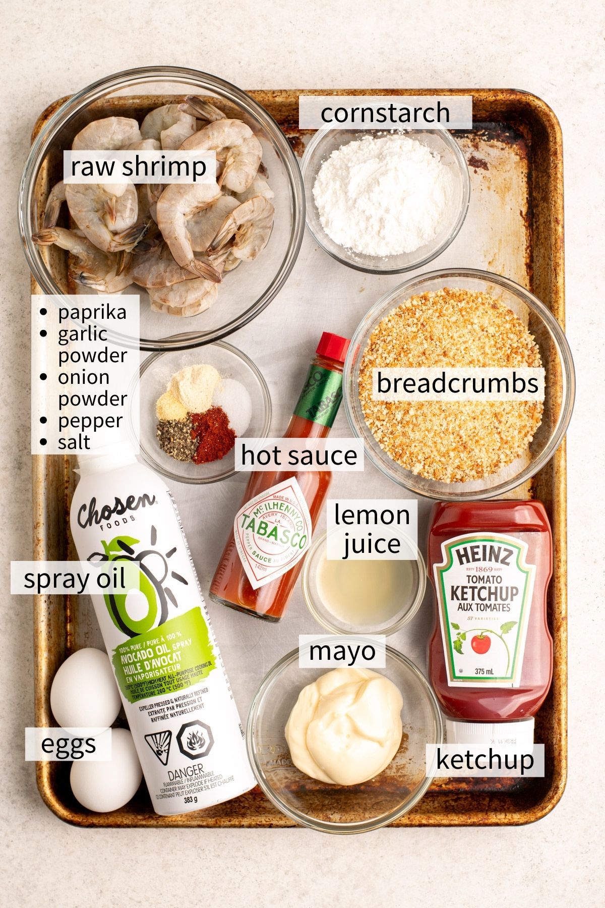 ingredients to make gluten free bang bang shrimp.