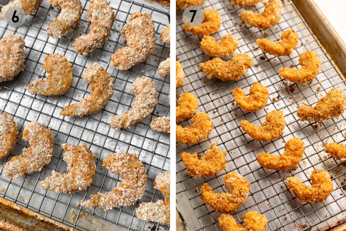 breaded shrimp on a wire rack before and after baking.