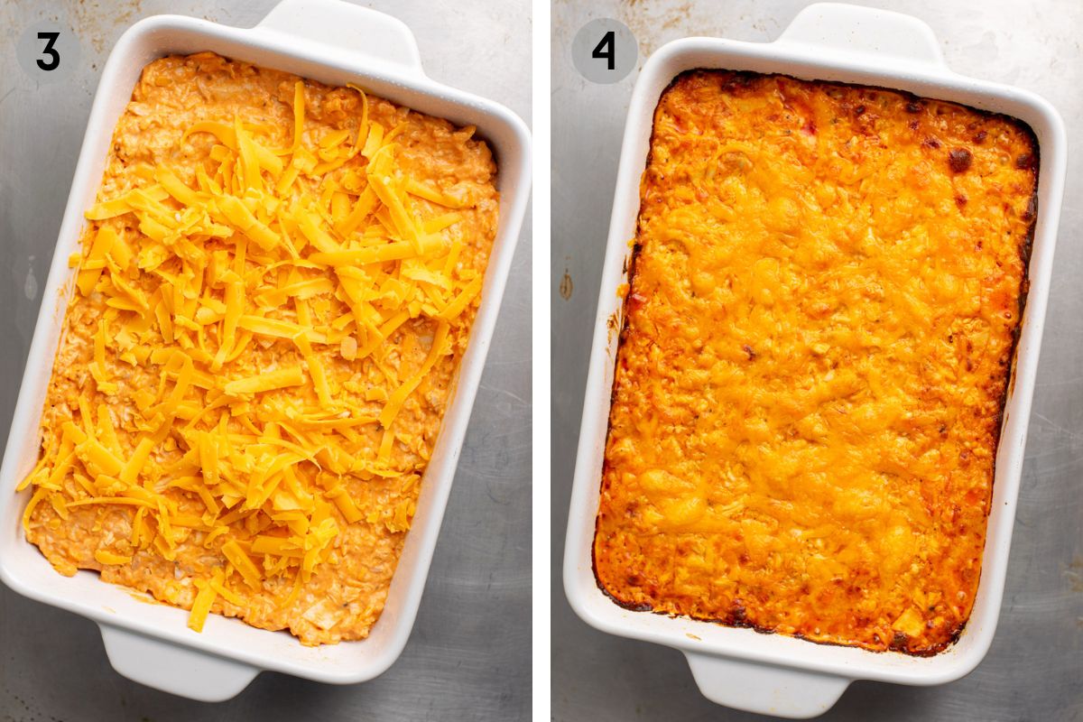 buffalo chicken dip in a white dish before and after baking.