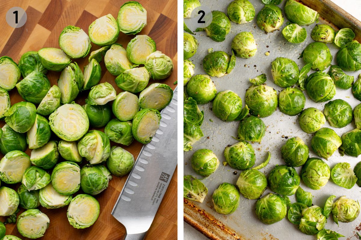 left: raw brussel sprouts and a knife on a wood cutting board, right: brussel sprouts on a baking sheet.
