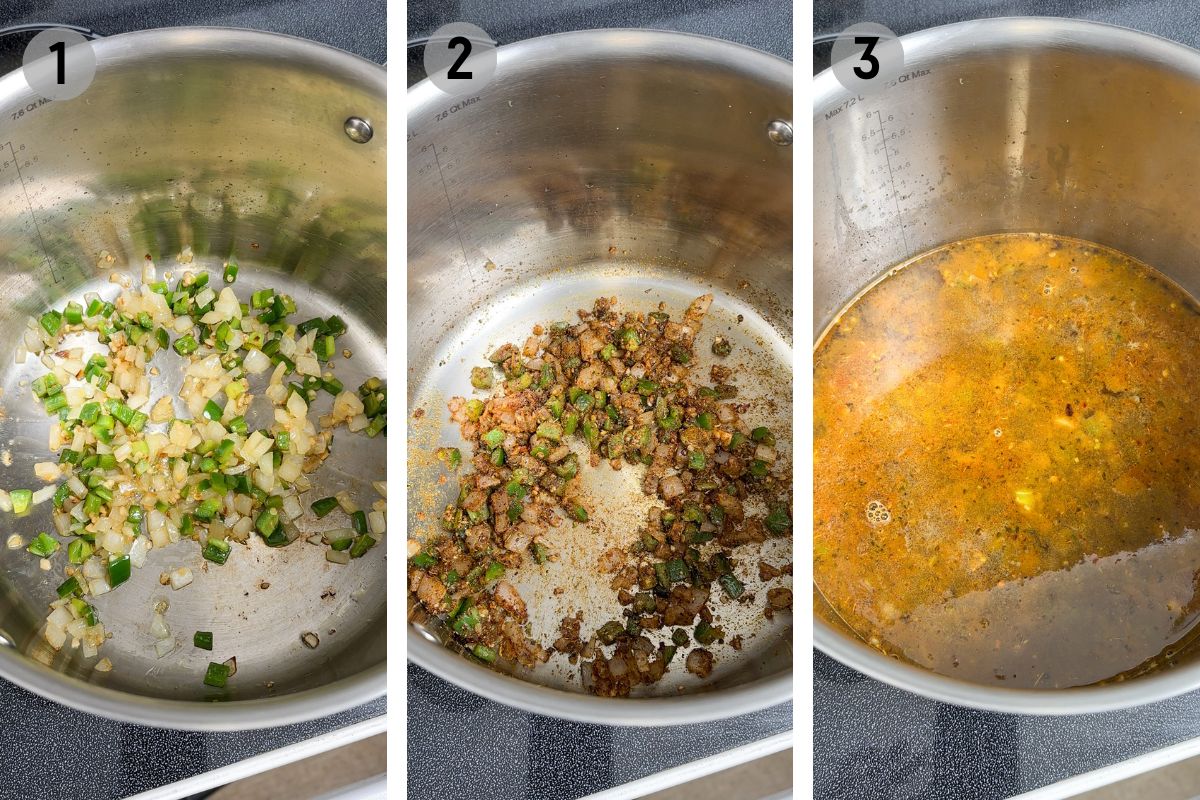 left: onion and jalapeño cooking in a large pot, middle: spices added, right: broth added.