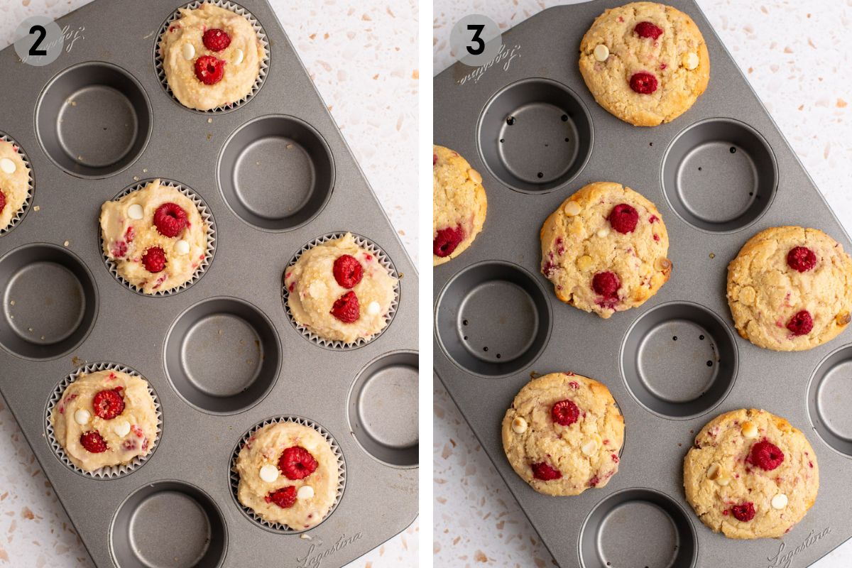 gluten free white chocolate raspberry muffins before and after baking.