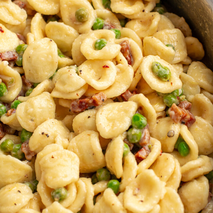 orecchiette pasta with peas and pancetta.