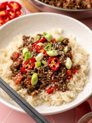 side view of a sweet chili beef bowl.