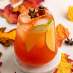 apple cider aperol spritz with apple slices and star anise and cinnamon stick.