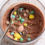 close up of chocolate mini egg protein ice cream.
