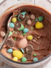 close up of chocolate mini egg protein ice cream.
