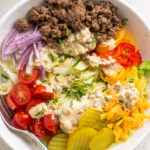 close up of a healthy burger bowl.