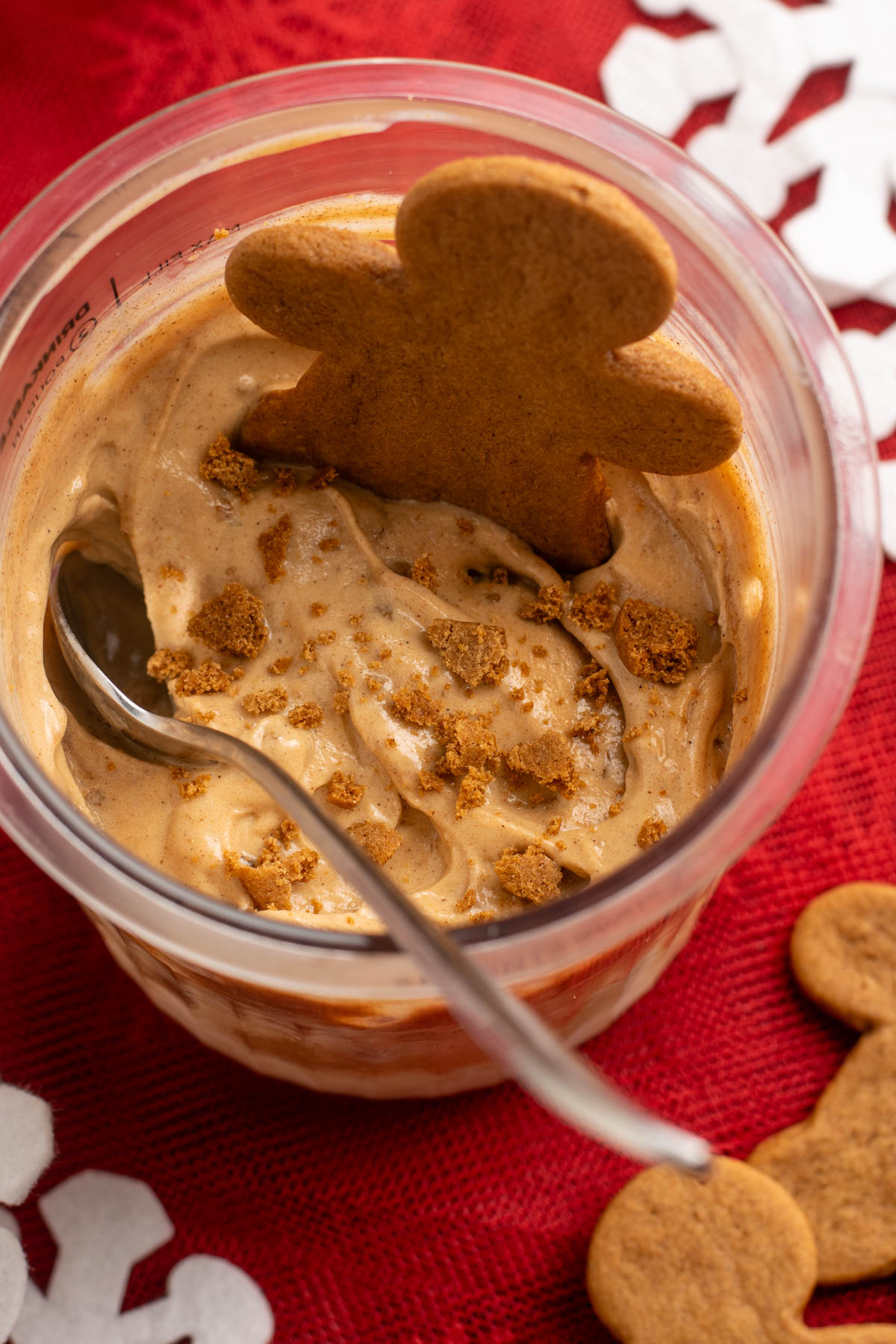 close up of gingerbread protein ice cream in a ninja creami pint.