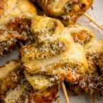 close up of pesto puff pastry tree skewer.