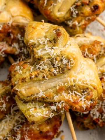 close up of pesto puff pastry tree skewer.