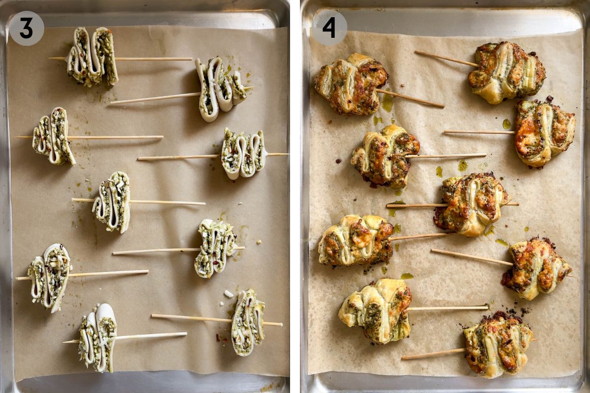 pesto puff pastry trees before and after baking.