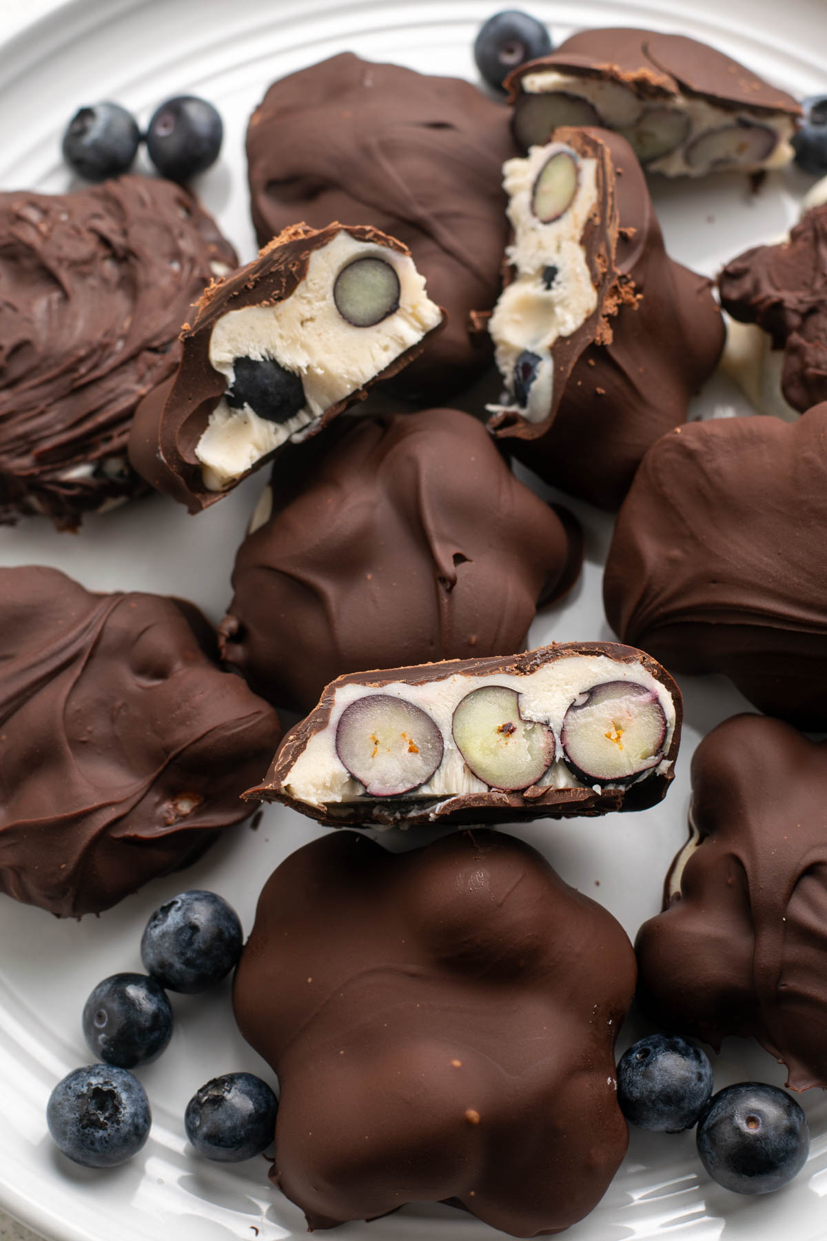 close up of chocolate covered blueberry yogurt clusters.