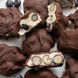 close up of chocolate covered blueberry yogurt clusters.
