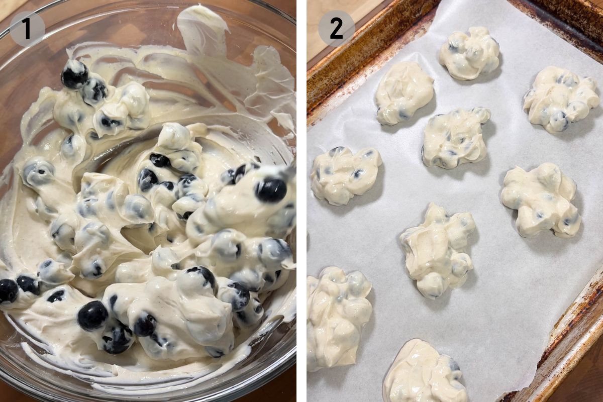 mixing yogurt and blueberries, then placing on a parchment lined baking sheet.