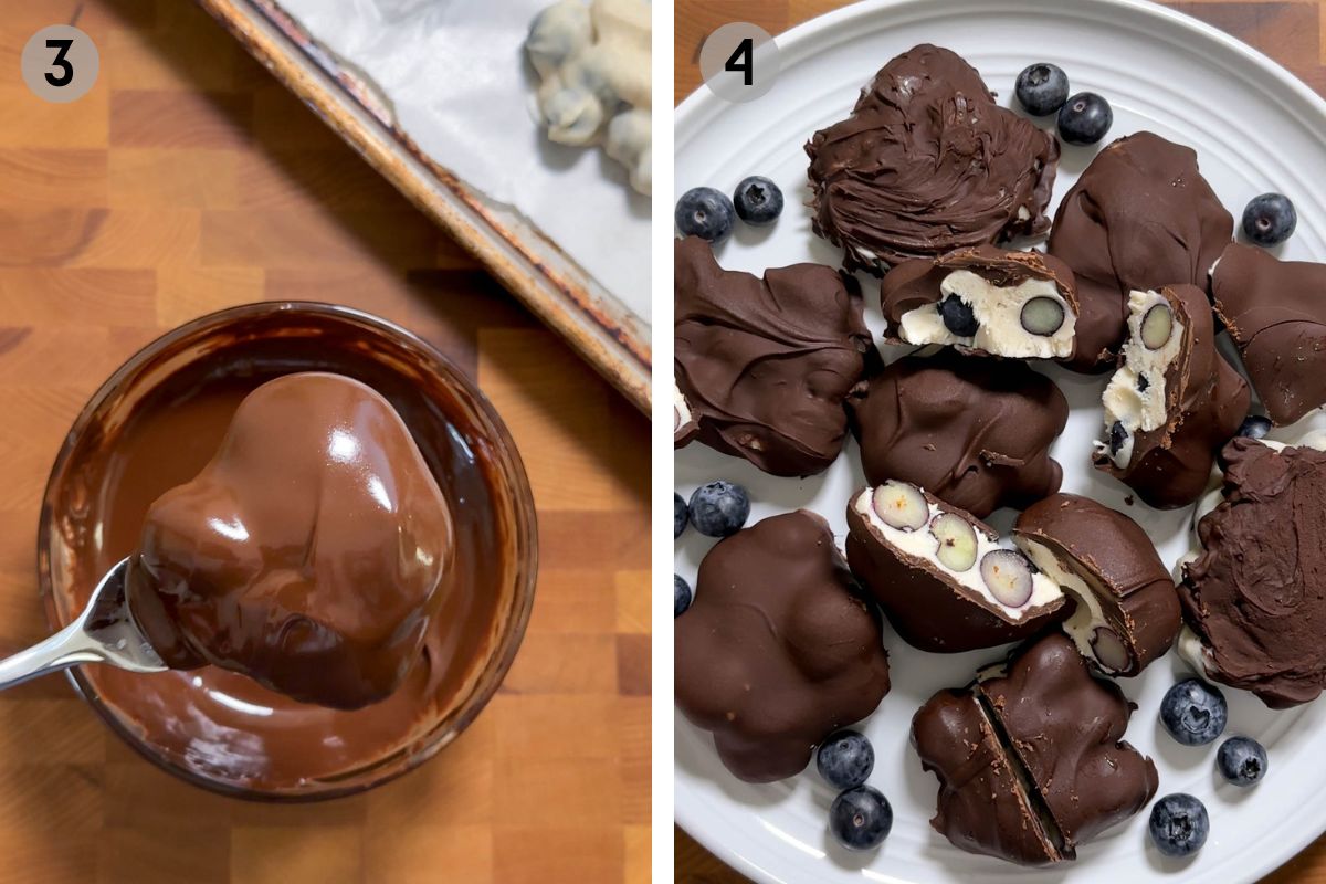 dipping yogurt clusters in melted chocolate.