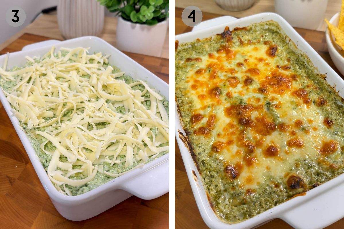 before and after baking cheesy protein spinach artichoke dip.