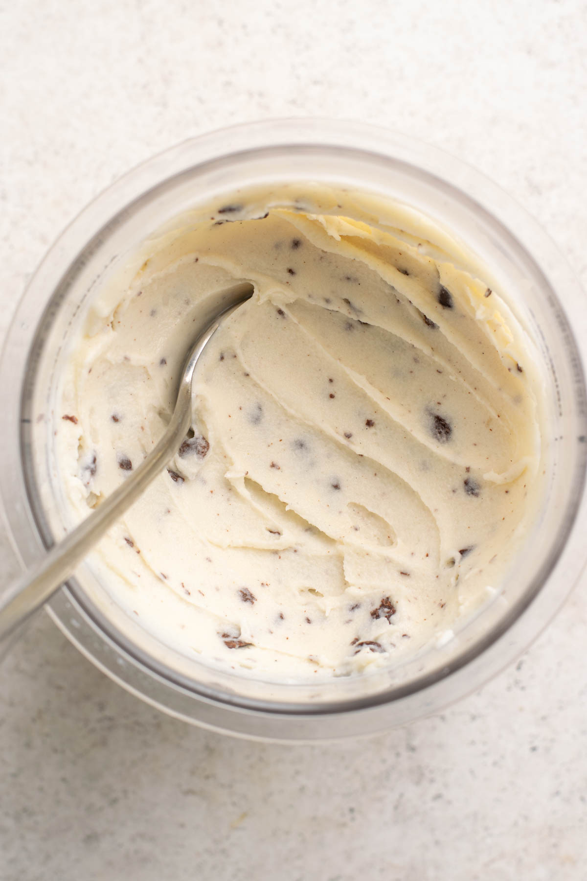 top view of protein stracciatella ice cream in a ninja creami pint.