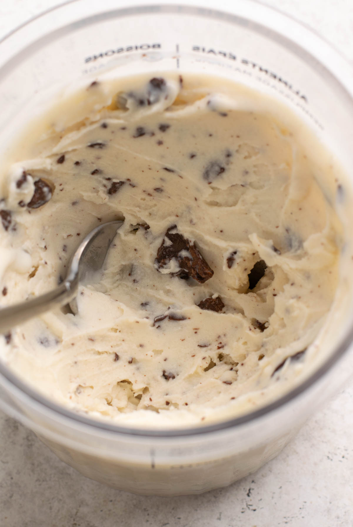 close up of protein stracciatella ice cream.
