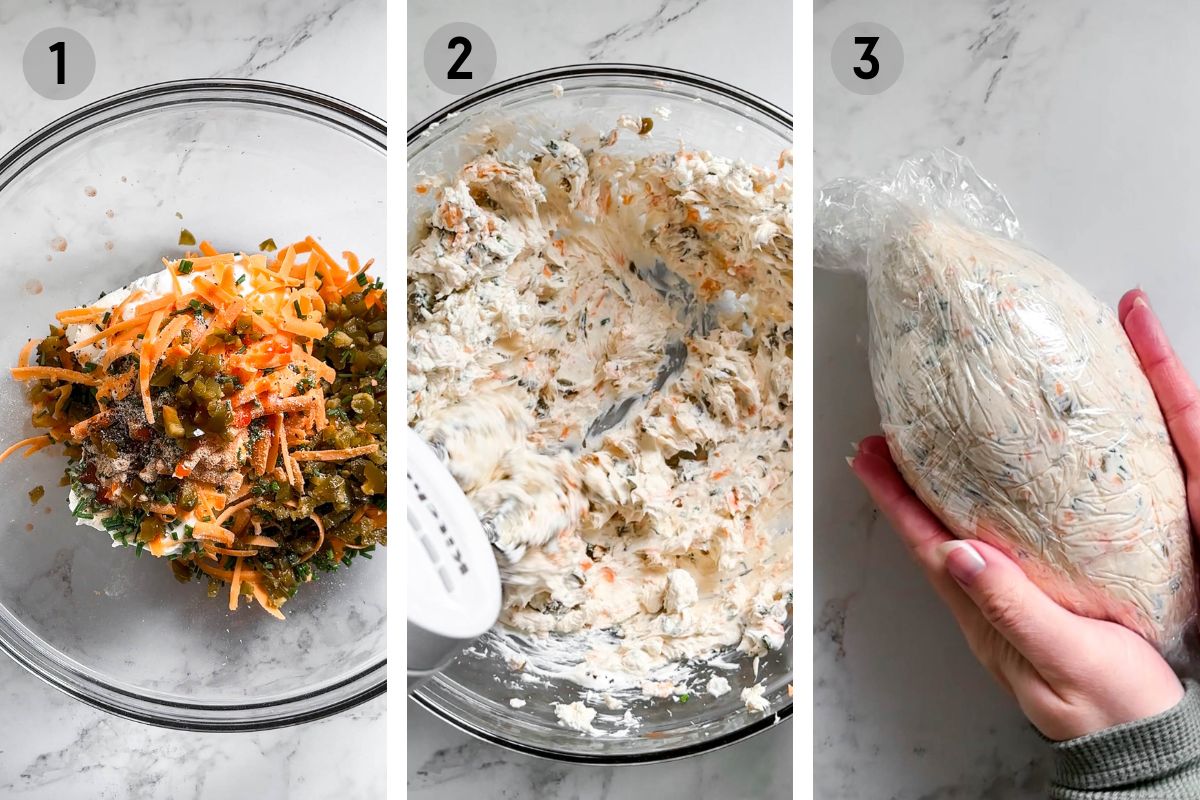 mixing the football cheese ball ingredients and shaping it into a football shape.