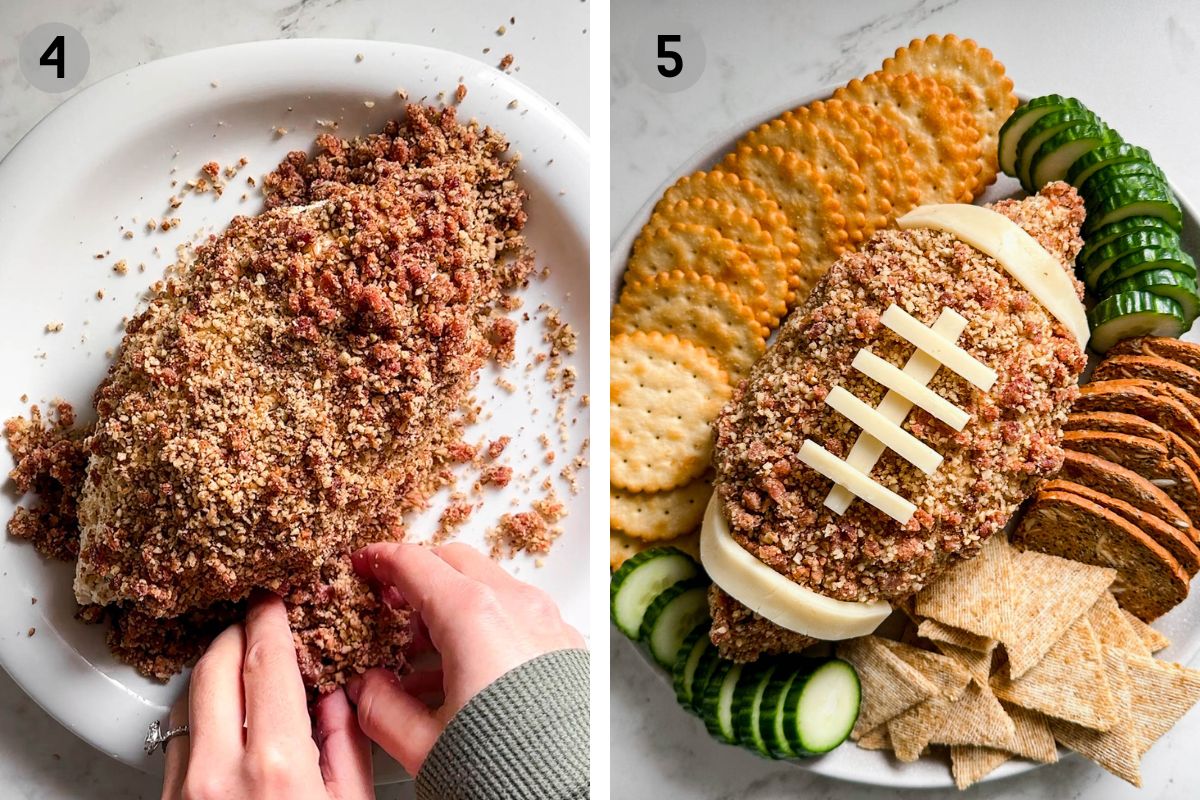 coating a cheese ball in nuts and bacon bits, then showing the final cheese ball with crackers.